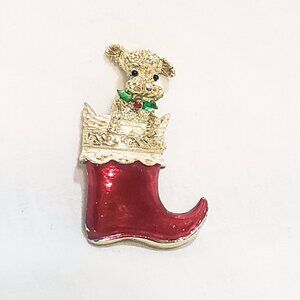 Poodle Dog in Christmas Stocking Brooch Pin 1.5" Gerry’s Enameled Vintage